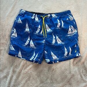 Nautica Royal Blue Sailboat Print Swim Shorts with Yellow Drawstring